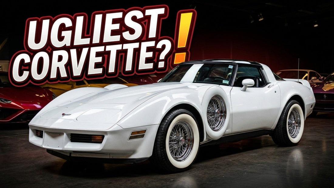 White custom Corvette with wire wheels and whitewall tires beneath Ugliest Corvette text