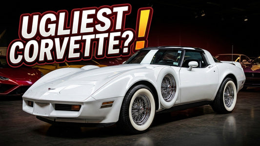 White custom Corvette with wire wheels and whitewall tires beneath Ugliest Corvette text