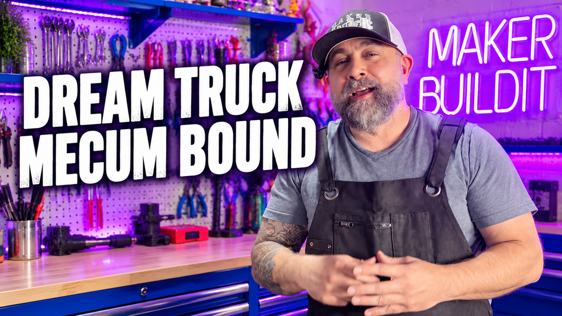 Bryan in his purple-lit MakerBuildIt workshop with the words Dream Truck, Mecum Bound.