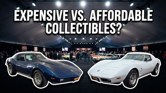 Two classic Corvettes at an auction beneath Expensive vs Affordable Collectibles text