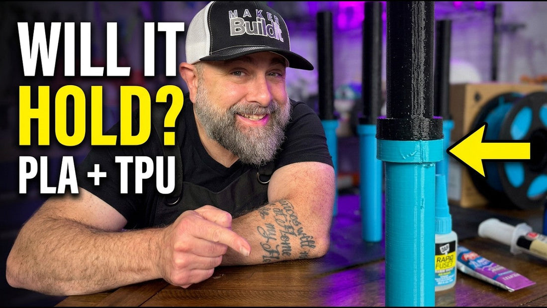 Bryan DeLuca testing a black TPU and turquoise PLA bond, with the words Will it hold? PLA + TPU