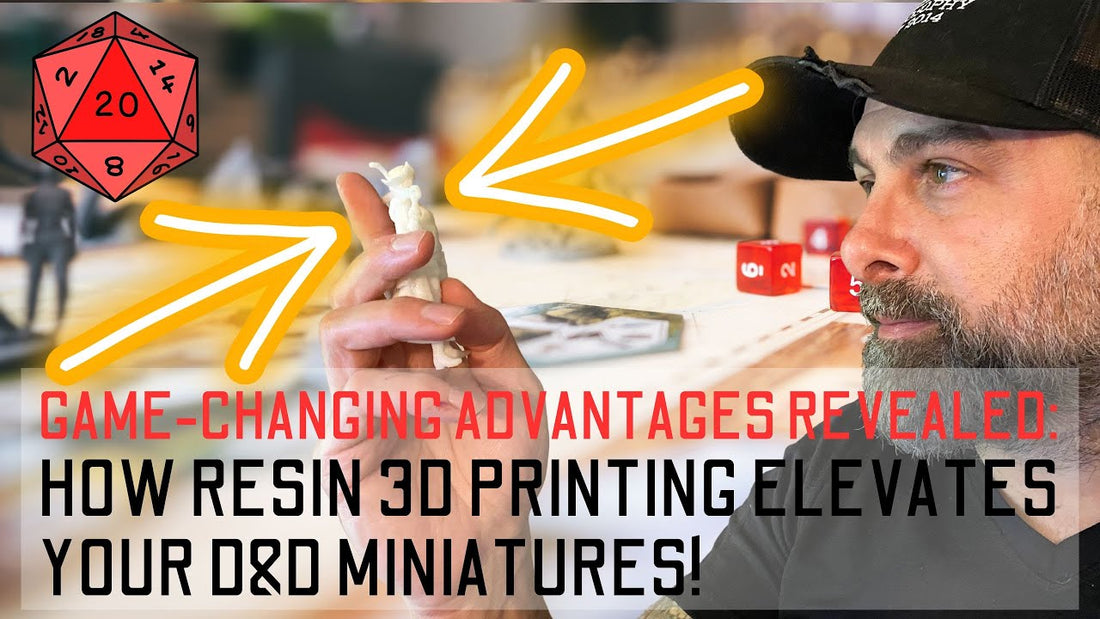 Bryan examining a miniature with arrows and a D20 beside the resin 3D printing title